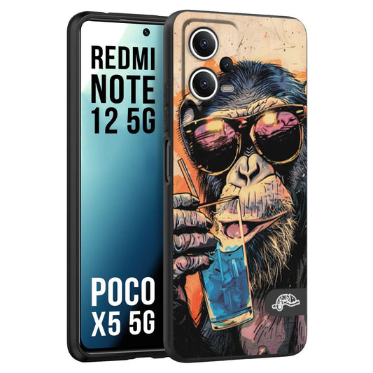 CUSTOMIZZA - Custodia cover nera morbida in tpu compatibile per Xiaomi Redmi Note 12 - POCO X5 5G estate disegnata cocktails animali simpatici scimmia monkey negroni