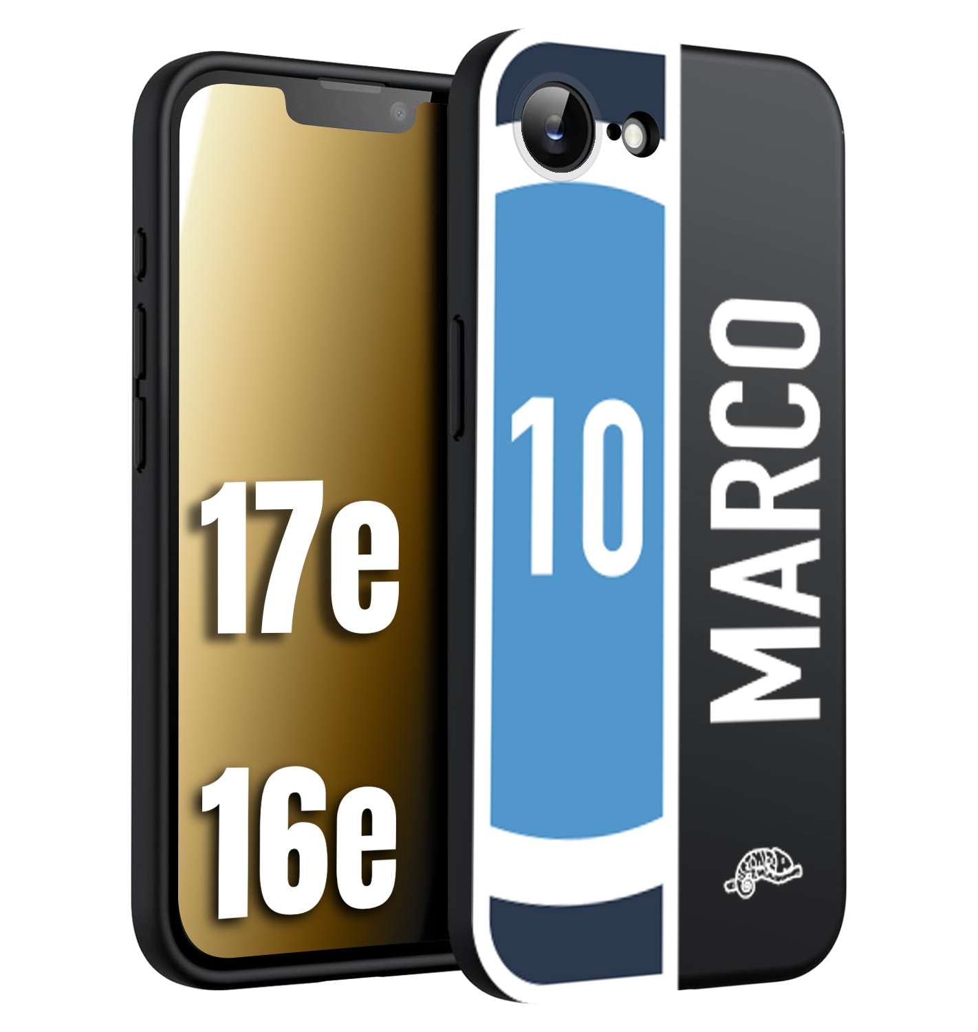 CUSTOMIZZA - Custodia cover nera morbida in tpu compatibile per iPhone 16E - 17E personalizzata calcio football nome e numero calciatori biancoazzurri bianco celesti