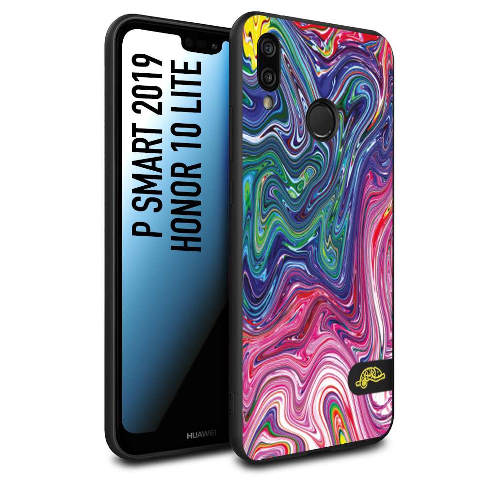 CUSTOMIZZA - Custodia cover nera morbida in tpu compatibile per Huawei P Smart 2019 colorata fantasia vortice marmo arcobaleno rosa blu fucsia