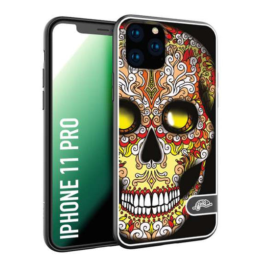 CUSTOMIZZA - Custodia cover nera morbida in tpu compatibile per iPhone 11 PRO teschio messicano Mexican skull giallo rosso arancio