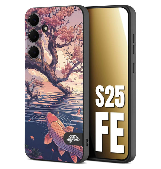 CUSTOMIZZA - Custodia cover nera morbida in tpu compatibile per Samsung S25 FE giapponese lago carpa koi rosa con foglie d'acero disegnata tattoo