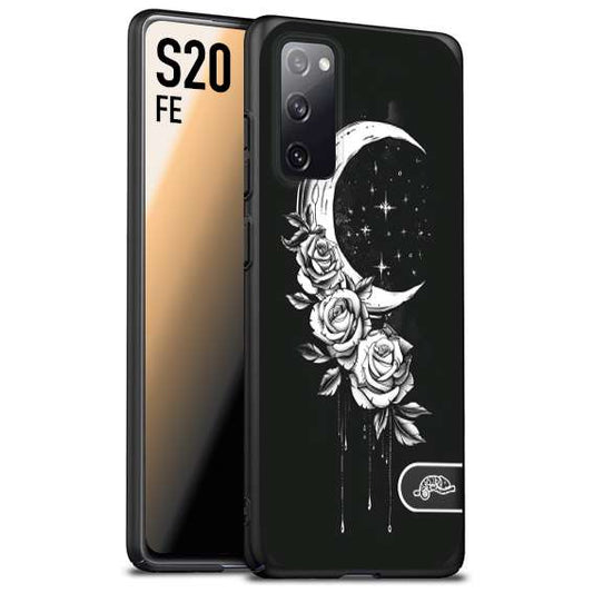 CUSTOMIZZA - Custodia cover nera morbida in tpu compatibile per Samsung S20 FE luna e fiori moon flowers black and white bianco a rilievo disegnato