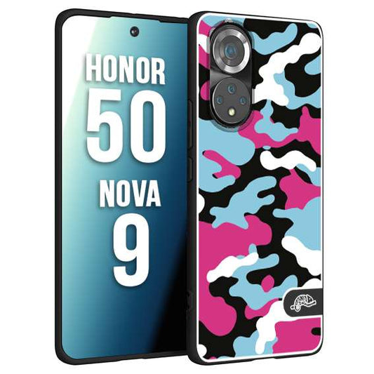 CUSTOMIZZA - Custodia cover nera morbida in tpu compatibile per Huawei Nova 9 - Honor 50 camouflage mimetico militare fucsia celeste