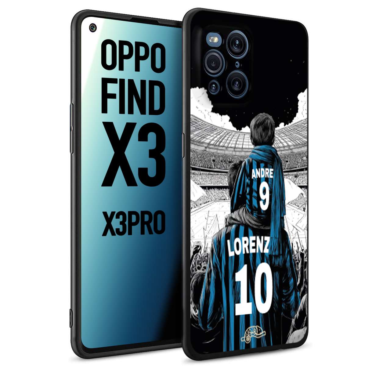 CUSTOMIZZA - Custodia cover nera morbida in tpu compatibile per Oppo Find X3 - Find X3 Pro 5G personalizzata calcio football padre e figlio calciatori nerazzurra