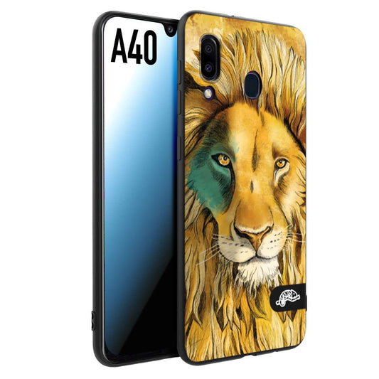 CUSTOMIZZA - Custodia cover nera morbida in tpu compatibile per Samsung A40 leone lion disegnato a mano giallo blu a rilievo artistico brown