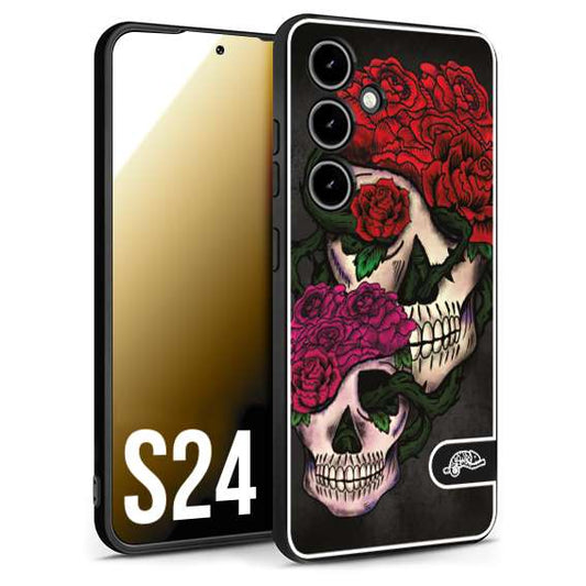 CUSTOMIZZA - Custodia cover nera morbida in tpu compatibile per Samsung S24 teschi e rose rosse fucsia skull and roses