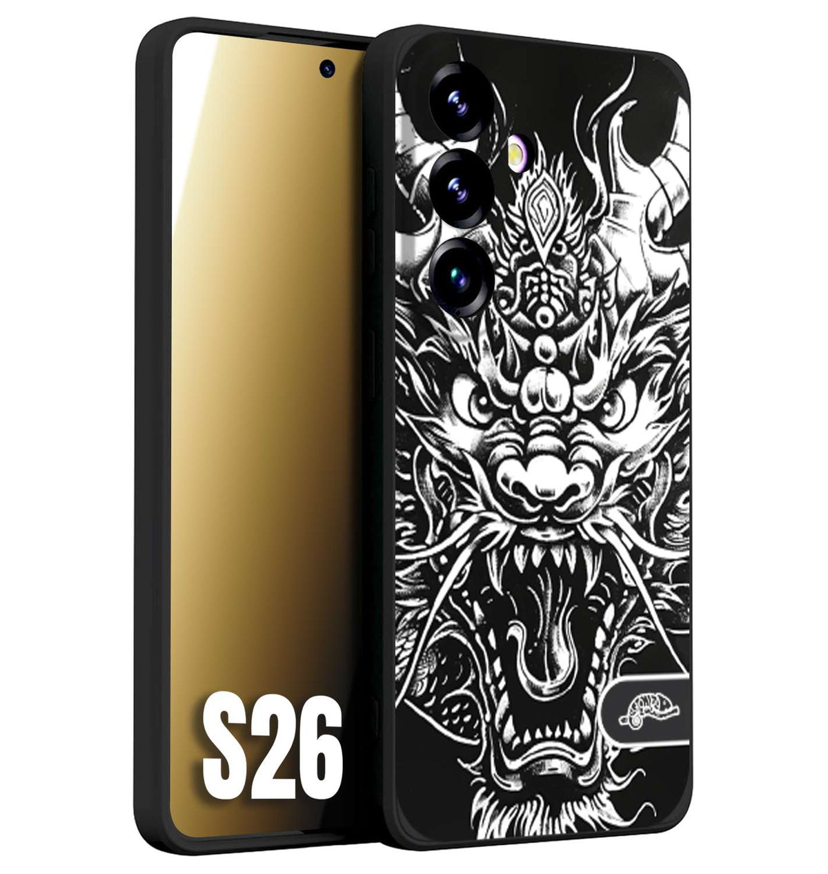 CUSTOMIZZA - Custodia cover nera morbida in tpu compatibile per Samsung S26 drago black and white bianco a rilievo disegnato tattoo tatuaggio