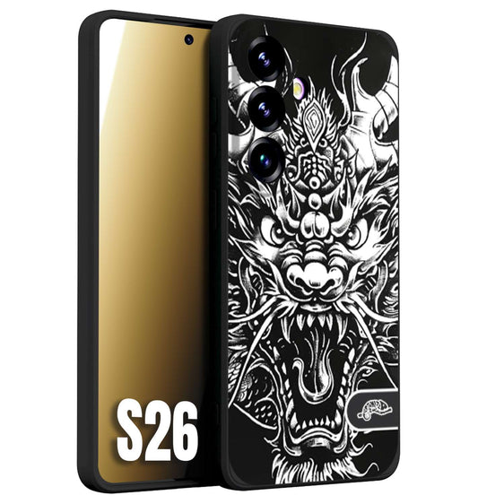 CUSTOMIZZA - Custodia cover nera morbida in tpu compatibile per Samsung S26 drago black and white bianco a rilievo disegnato tattoo tatuaggio