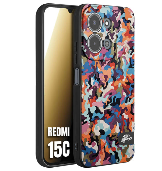 CUSTOMIZZA - Custodia cover nera morbida in tpu compatibile per Xiaomi Redmi 15C camouflage mimetico militare moderno blu arancio rosa