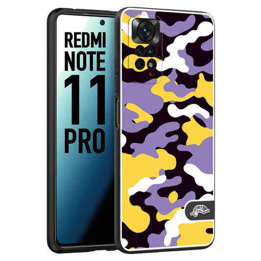 CUSTOMIZZA - Custodia cover nera morbida in tpu compatibile per Xiaomi Redmi Note 11 PRO camouflage mimetico militare viola lilla giallo