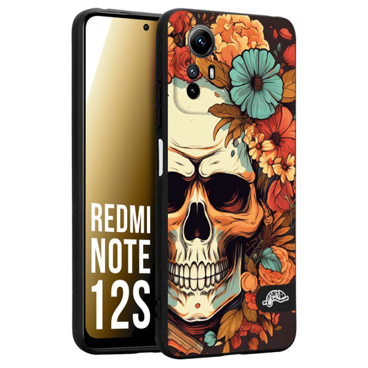 CUSTOMIZZA - Custodia cover nera morbida in tpu compatibile per Xiaomi Redmi Note 12S teschio skull flowers fiori autunnali arancio celeste tattoo