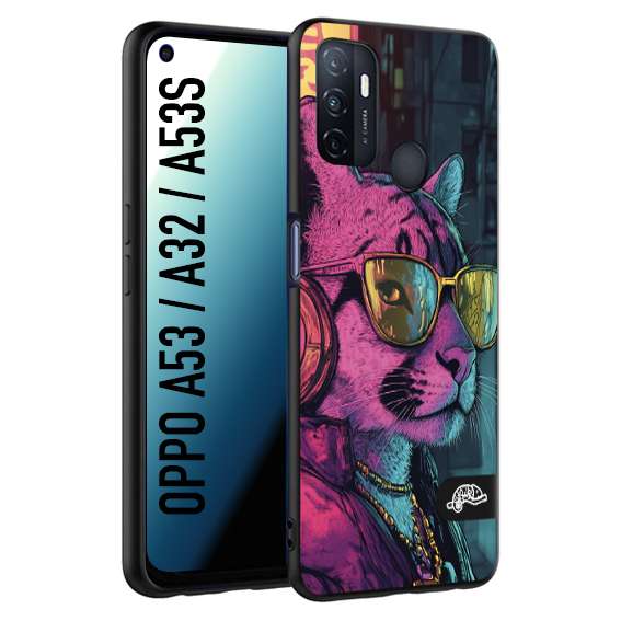 CUSTOMIZZA - Custodia cover nera morbida in tpu compatibile per Oppo A53 - A32 - A53S animali cyberpunk pantera street cat fucsia blu giallo