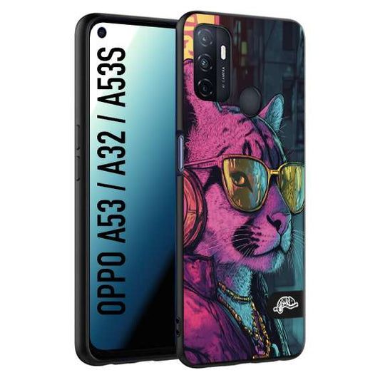 CUSTOMIZZA - Custodia cover nera morbida in tpu compatibile per Oppo A53 - A32 - A53S animali cyberpunk pantera street cat fucsia blu giallo