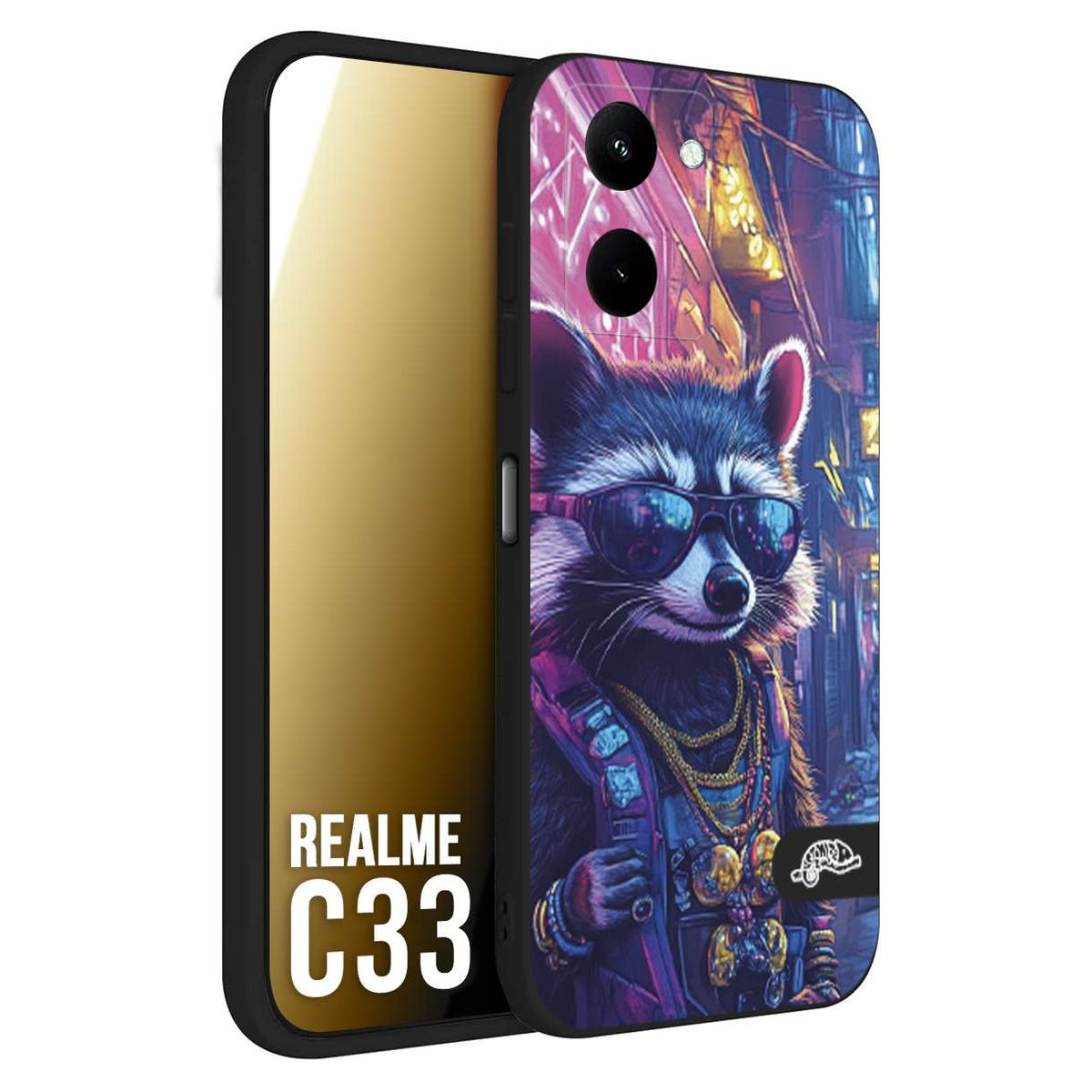 CUSTOMIZZA - Custodia cover nera morbida in tpu compatibile per Realme C33 animali simpatici cyberpunk procione racoon street cat fucsia blu giallo