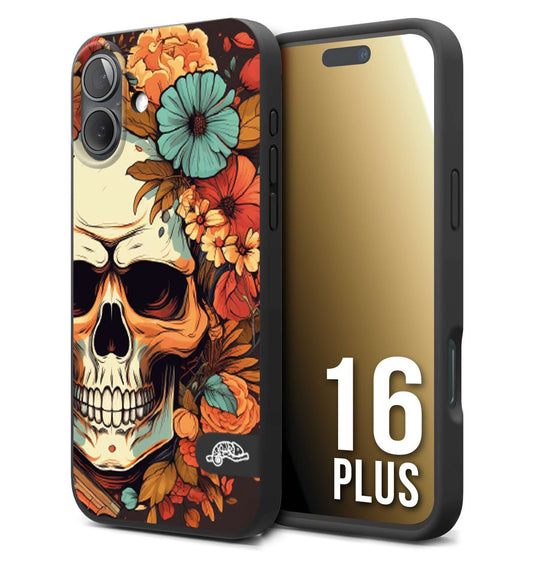 CUSTOMIZZA - Custodia cover nera morbida in tpu compatibile per iPhone 16 PLUS teschio skull flowers fiori autunnali arancio celeste tattoo