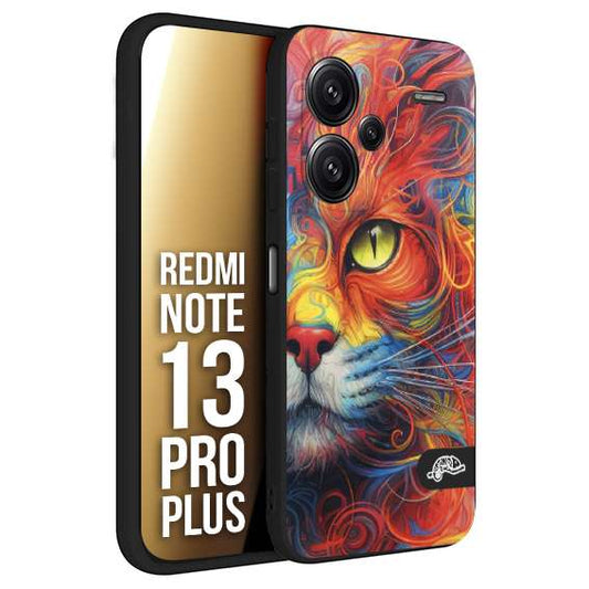 CUSTOMIZZA - Custodia cover nera morbida in tpu compatibile per Xiaomi Redmi Note 13 PRO PLUS animali color cat gatto viso colori vibranti disegnato schizzo
