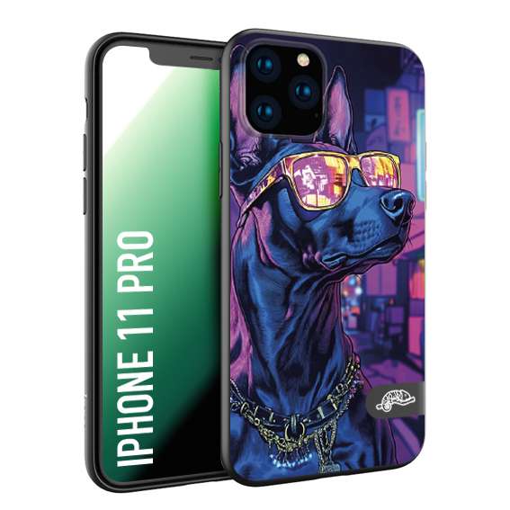 CUSTOMIZZA - Custodia cover nera morbida in tpu compatibile per iPhone 11 PRO animali cyberpunk dobermann cane street dog fucsia blu night