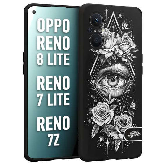 CUSTOMIZZA - Custodia cover nera morbida in tpu compatibile per Oppo Reno 7 Lite - 8 Lite - 7Z occhio fiori rombo geometrico black and white bianco a rilievo disegnato tattoo tatuaggio