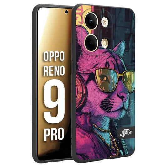 CUSTOMIZZA - Custodia cover nera morbida in tpu compatibile per Oppo Reno 9 PRO animali cyberpunk pantera street cat fucsia blu giallo