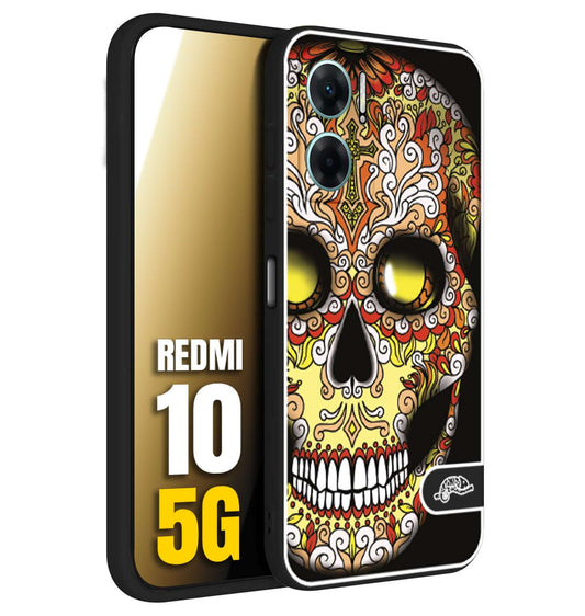 CUSTOMIZZA - Custodia cover nera morbida in tpu compatibile per Xiaomi Redmi 10 5G teschio messicano Mexican skull giallo rosso arancio