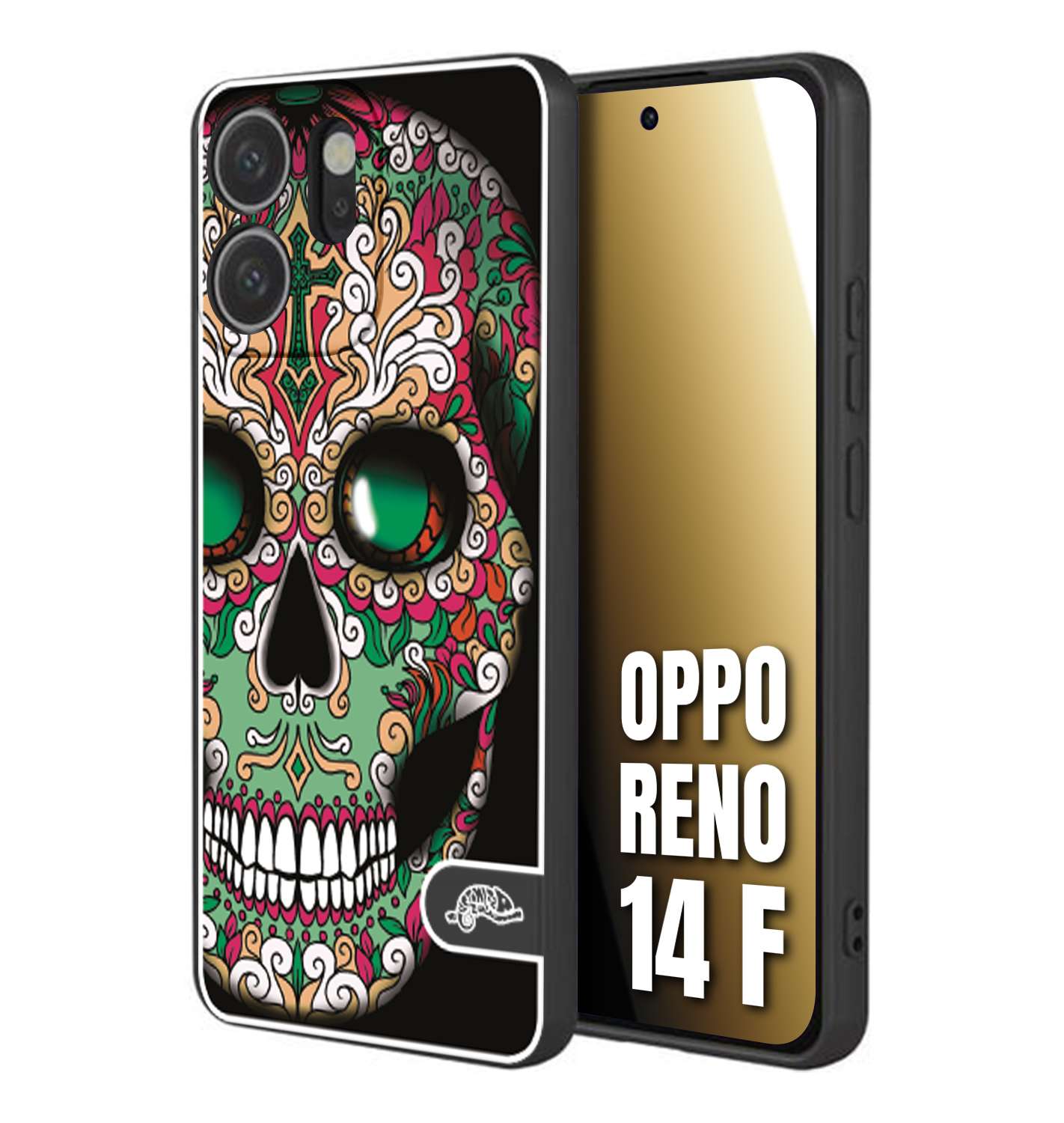 CUSTOMIZZA - Custodia cover nera morbida in tpu compatibile per Oppo Reno 14 F teschio messicano Mexican skull verde fucsia
