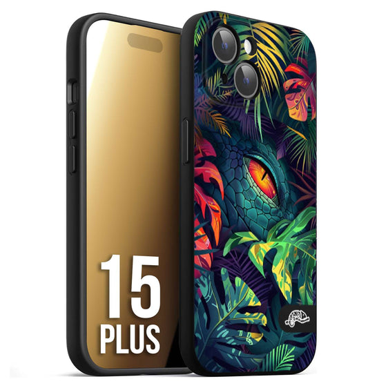 CUSTOMIZZA - Custodia cover nera morbida in tpu compatibile per iPhone 15 PLUS animali color giungla tropicale occhio di coccodrillo alligatore disegnato
