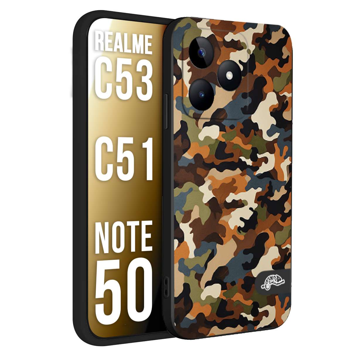 CUSTOMIZZA - Custodia cover nera morbida in tpu compatibile per Oppo Realme C53 - C51 - NOTE 50 camouflage mimetico militare moderno blu marrone beige