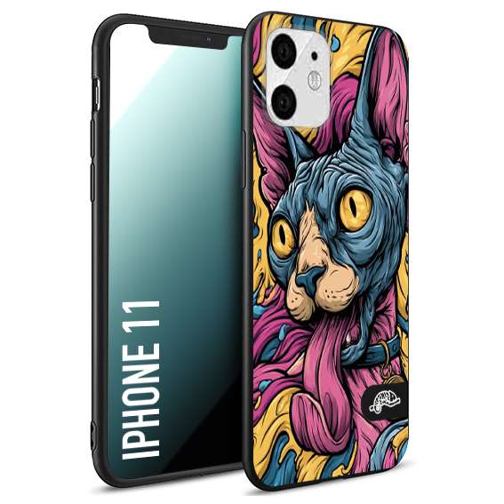 CUSTOMIZZA - Custodia cover nera morbida in tpu compatibile per iPhone 11 Sphynx Colorato Pop Art Psichedelico Gatto Blu Rosa Giallo Artistica Fantasy