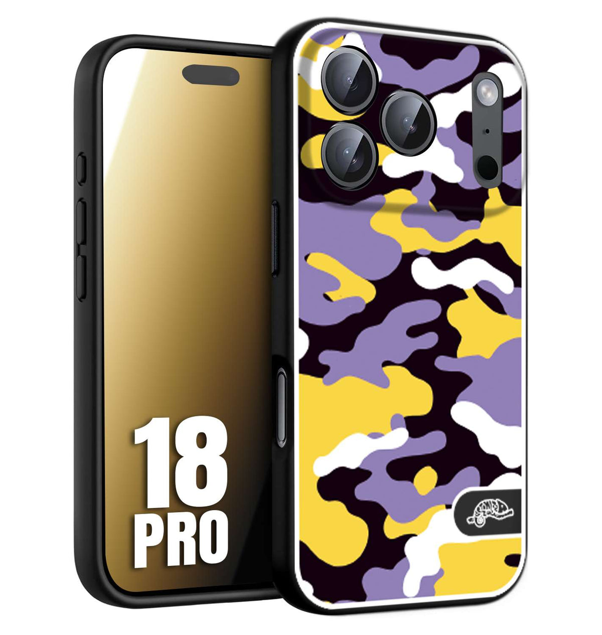CUSTOMIZZA - Custodia cover nera morbida in tpu compatibile per iPhone 18 PRO camouflage mimetico militare viola lilla giallo