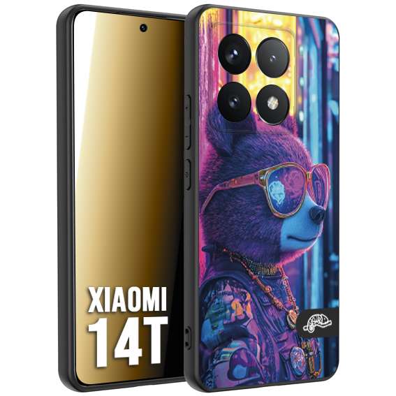 CUSTOMIZZA - Custodia cover nera morbida in tpu compatibile per Xiaomi 14T animali cyberpunk orsetto orso street bear fucsia blu night