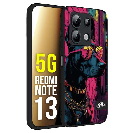 CUSTOMIZZA - Custodia cover nera morbida in tpu compatibile per Xiaomi Redmi Note 13 5G animali cyberpunk dobermann cane street dog fucsia blu