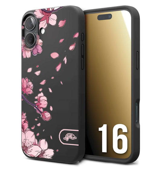 CUSTOMIZZA - Custodia cover nera morbida in tpu compatibile per iPhone 16 giapponese fiori di ciliegio in fiore a rilievo disegnata tattoo