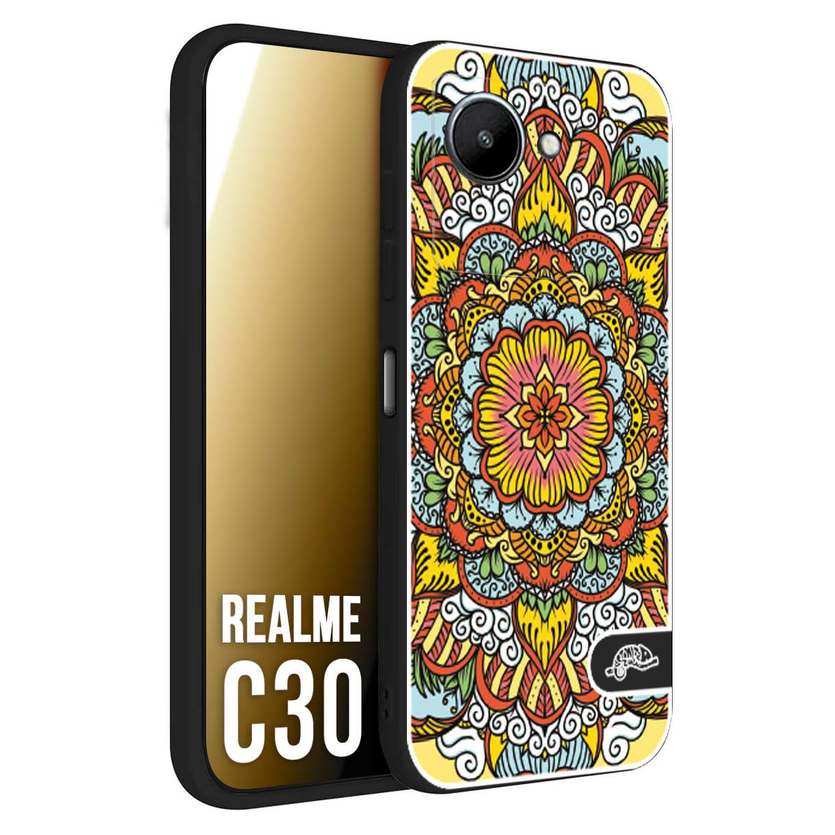 CUSTOMIZZA - Custodia cover nera morbida in tpu compatibile per Oppo Realme C30 mandala colorato fiore nuvole arancione