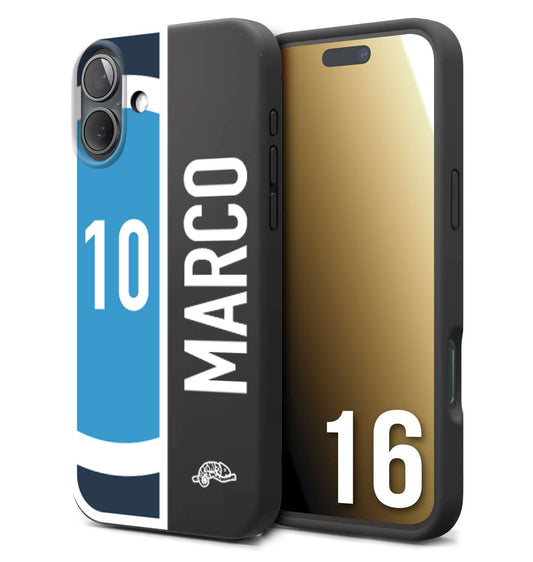 CUSTOMIZZA - Custodia cover nera morbida in tpu compatibile per iPhone 16 personalizzata calcio football nome e numero calciatori biancoazzurri bianco celesti