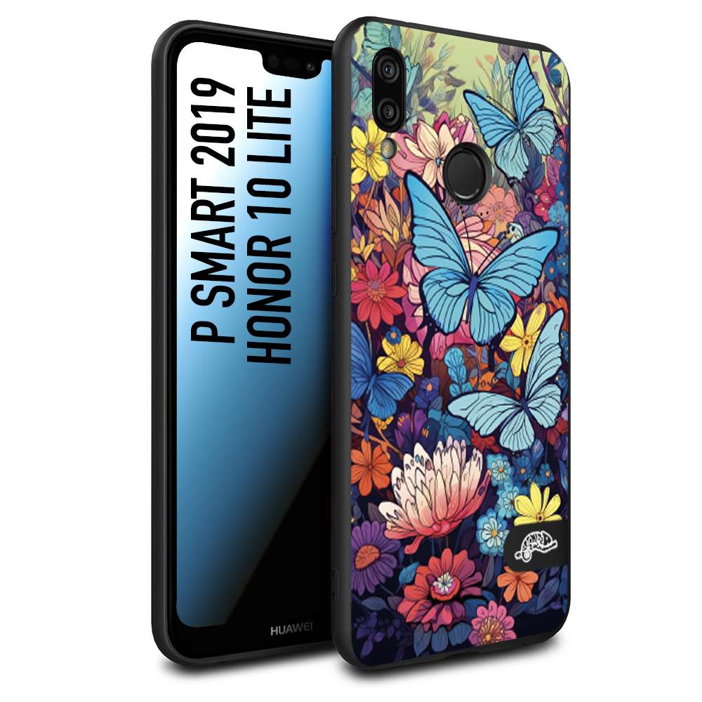 CUSTOMIZZA - Custodia cover nera morbida in tpu compatibile per Huawei P Smart 2019 farfalle butterfly moderno donna disegnate gialla blu rosa