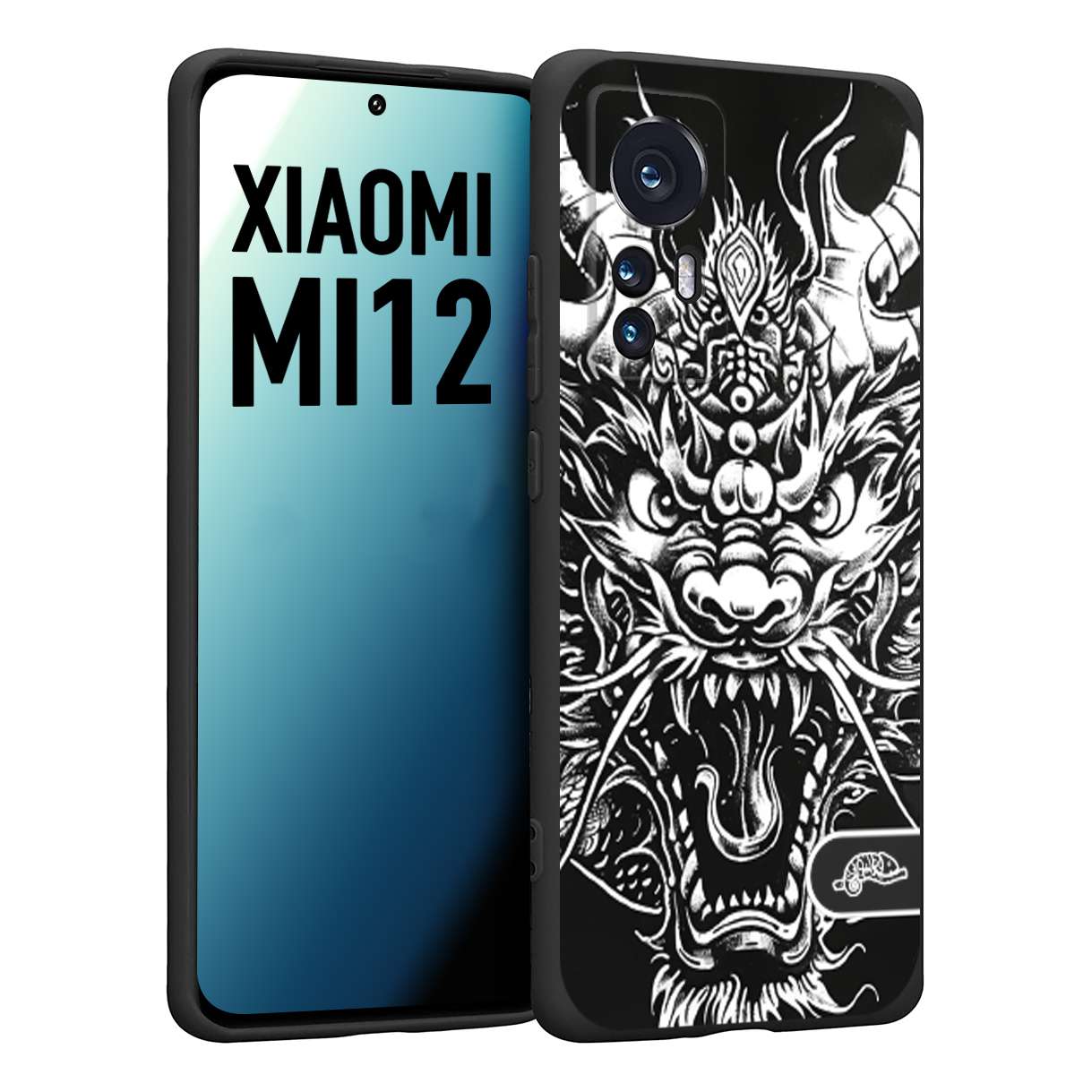 CUSTOMIZZA - Custodia cover nera morbida in tpu compatibile per Xiaomi 12 5G drago black and white bianco a rilievo disegnato tattoo tatuaggio