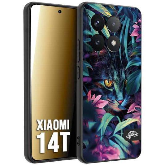 CUSTOMIZZA - Custodia cover nera morbida in tpu compatibile per Xiaomi 14T animali color giungla tropicale occhio di gatto colori vibranti disegnato