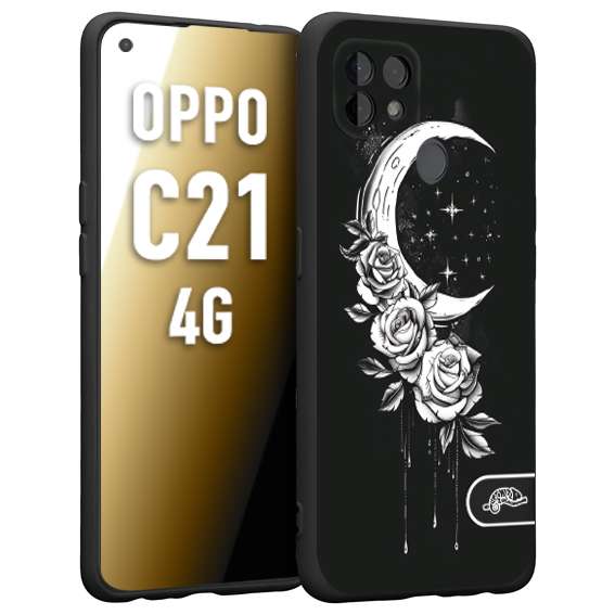 CUSTOMIZZA - Custodia cover nera morbida in tpu compatibile per Oppo Realme C21 4G luna e fiori moon flowers black and white bianco a rilievo disegnato tattoo tatuaggio