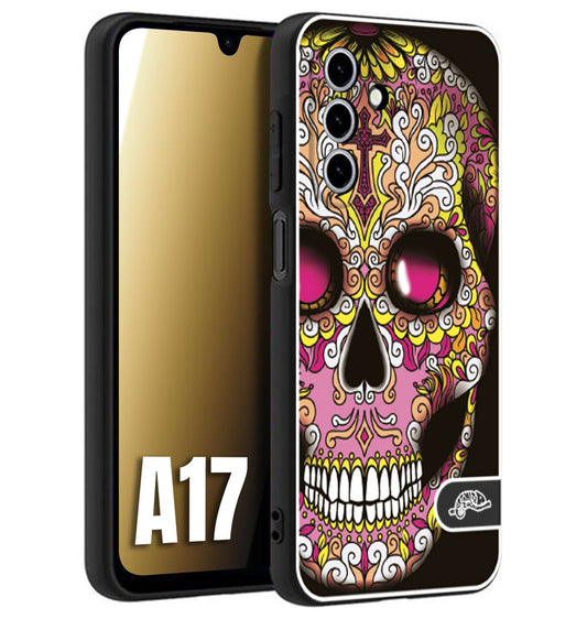 CUSTOMIZZA - Custodia cover nera morbida in tpu compatibile per Samsung A17 teschio messicano Mexican skull rosa gialla