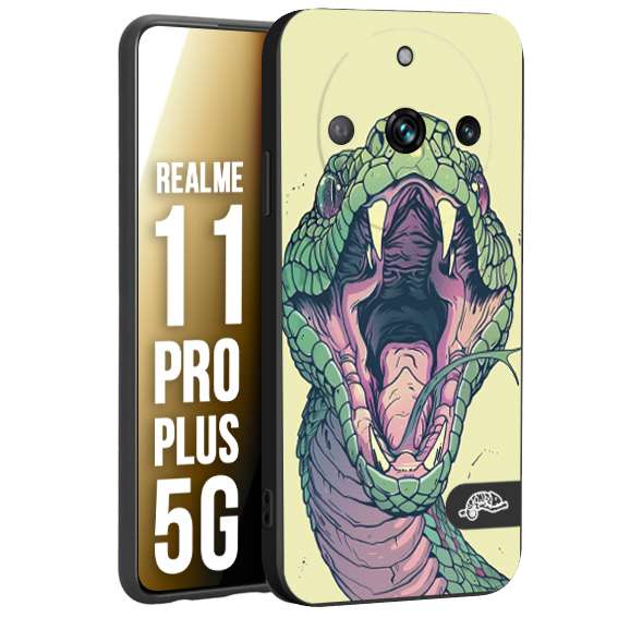 CUSTOMIZZA - Custodia cover nera morbida in tpu compatibile per Realme 11 PRO PLUS 5G snake yellow green serpente tatuaggio tattoo disegnato a mano