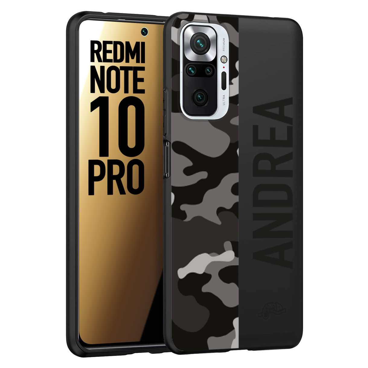 CUSTOMIZZA - Custodia cover nera morbida in tpu compatibile per Xiaomi Redmi Note 10 PRO camouflage mimetico militare personalizzata nome