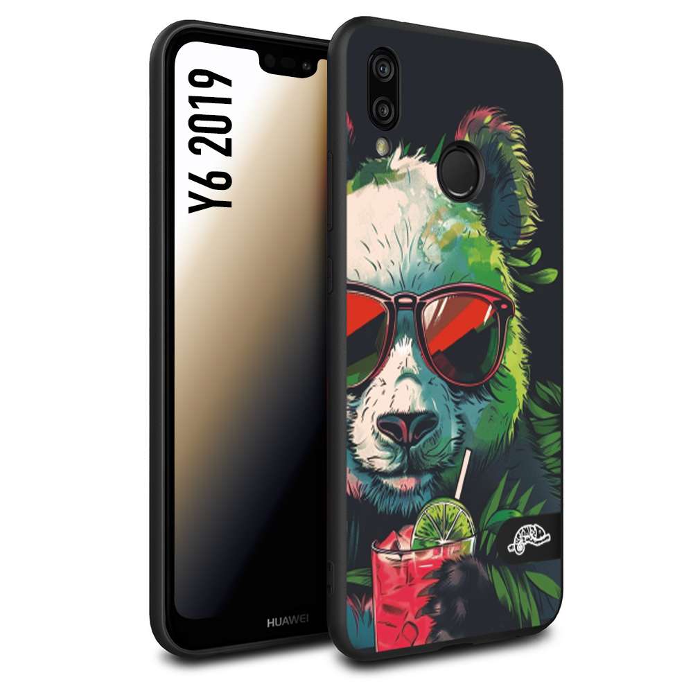 CUSTOMIZZA - Custodia cover nera morbida in tpu compatibile per Huawei Y6 2019 estate disegnata cocktails animali simpatici panda mojito