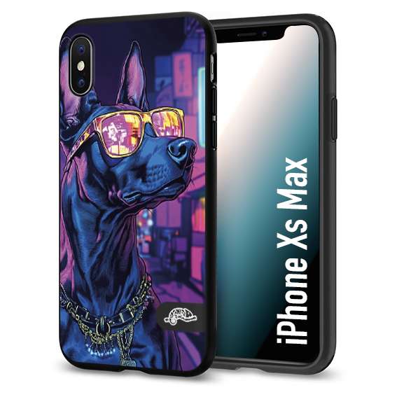 CUSTOMIZZA - Custodia cover nera morbida in tpu compatibile per iPhone Xs Max animali cyberpunk dobermann cane street dog fucsia blu night