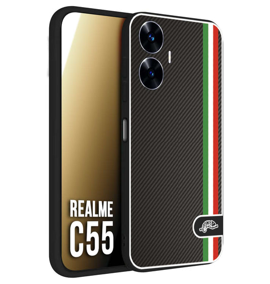 CUSTOMIZZA - Custodia cover nera morbida in tpu compatibile per Realme C55 effetto fibra di carbonio bandiera Italia made in Italy