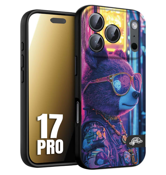 CUSTOMIZZA - Custodia cover nera morbida in tpu compatibile per iPhone 17 PRO animali cyberpunk orsetto orso street bear fucsia blu night