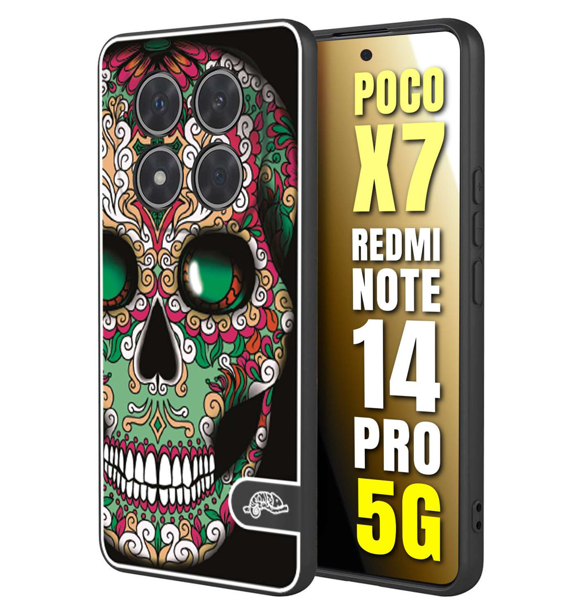 CUSTOMIZZA - Custodia cover nera morbida in tpu compatibile per Xiaomi Redmi Note 14 PRO 5G teschio messicano Mexican skull verde fucsia