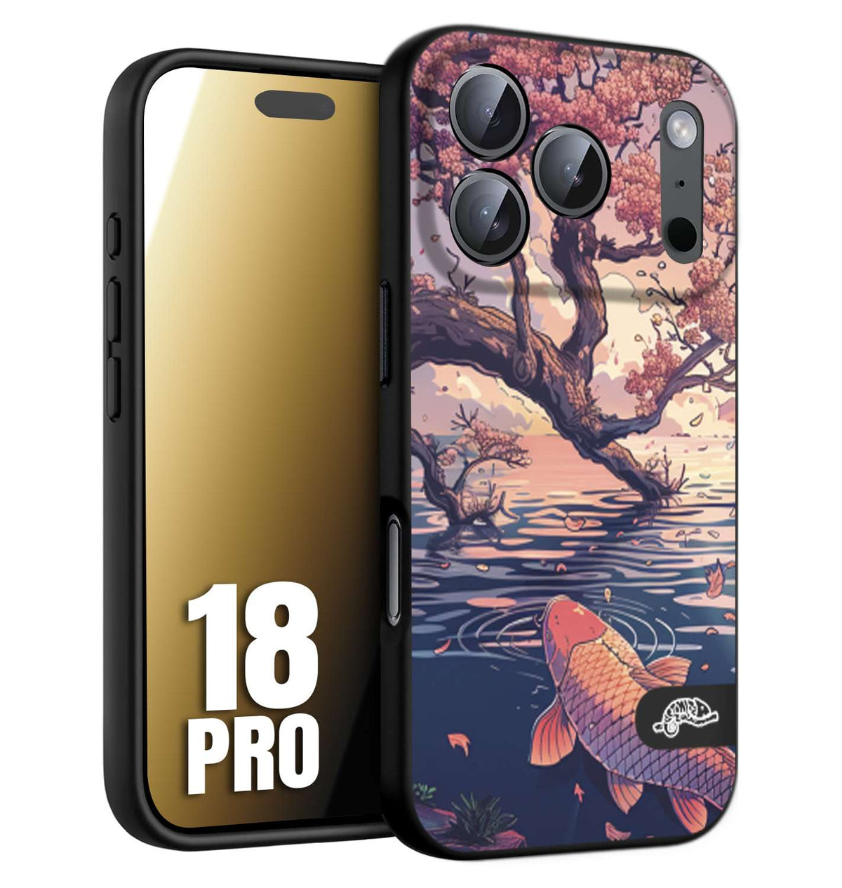 CUSTOMIZZA - Custodia cover nera morbida in tpu compatibile per iPhone 18 PRO giapponese lago carpa koi rosa con foglie d'acero disegnata tattoo