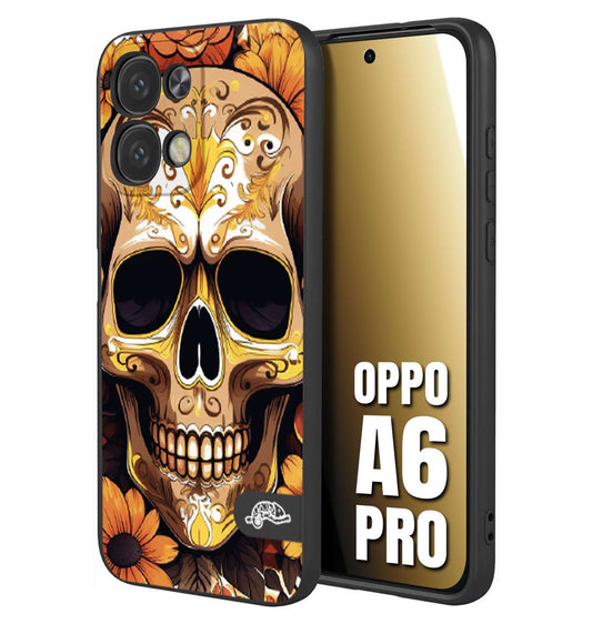 CUSTOMIZZA - Custodia cover nera morbida in tpu compatibile per Oppo A6 PRO teschio messicano colorato dorato fiori tattoo disegnato
