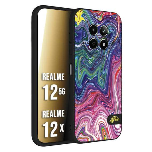 CUSTOMIZZA - Custodia cover nera morbida in tpu compatibile per Realme 12 5G - 12X colorata fantasia vortice marmo arcobaleno rosa blu fucsia
