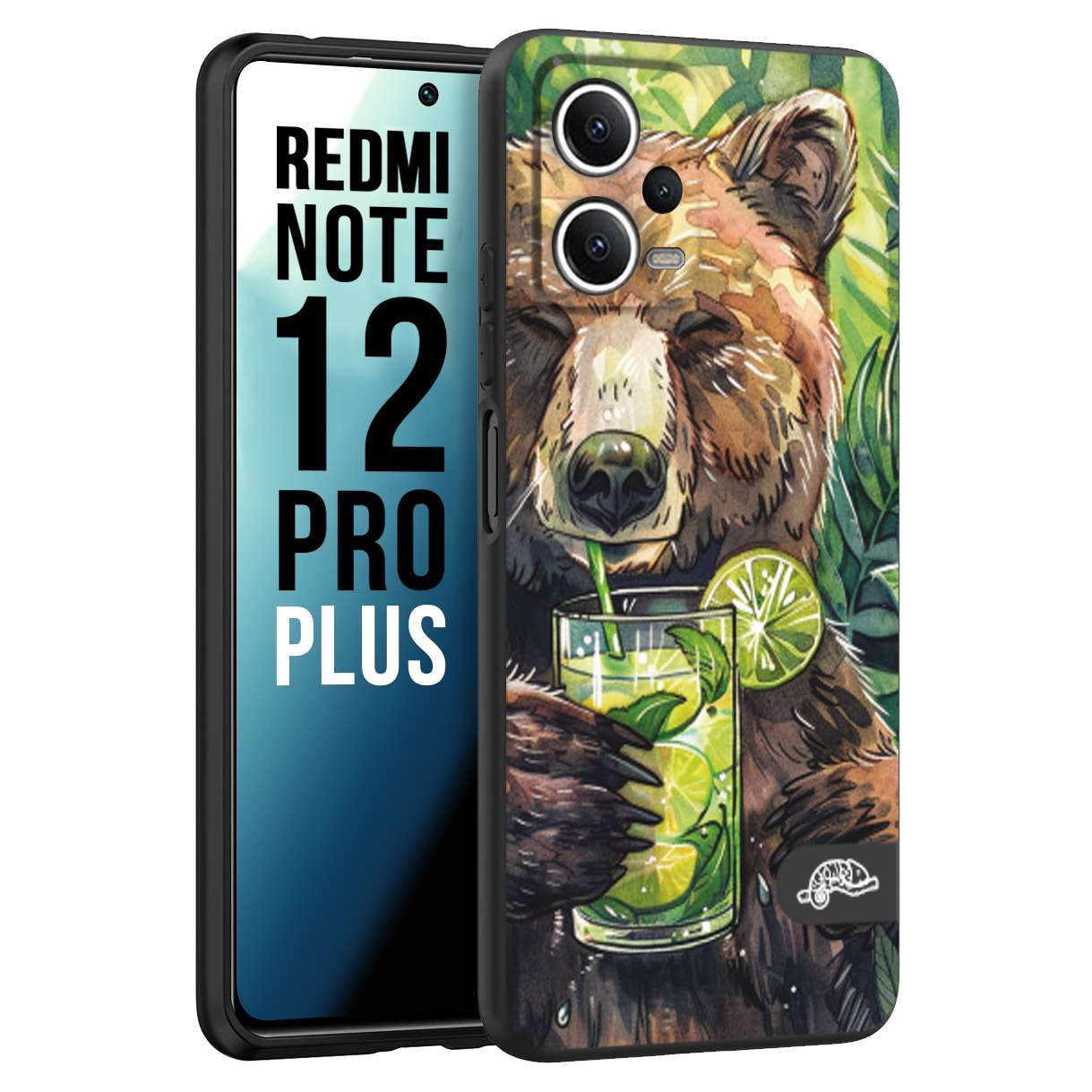 CUSTOMIZZA - Custodia cover nera morbida in tpu compatibile per Xiaomi Redmi Note 12 PRO PLUS estate disegnata cocktails animali simpatici orso bear negroni